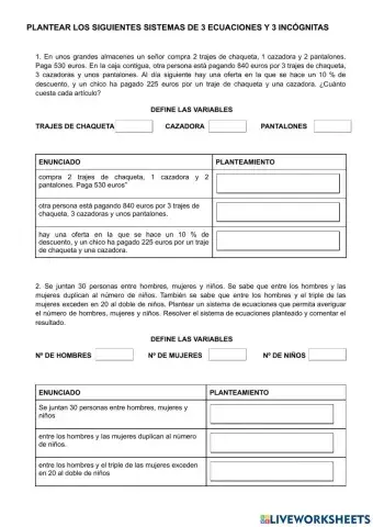 Plantear problemas de 3 ecuaciones y 3 incógnitas