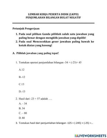 Operasi penjumlahan bilangan negatif