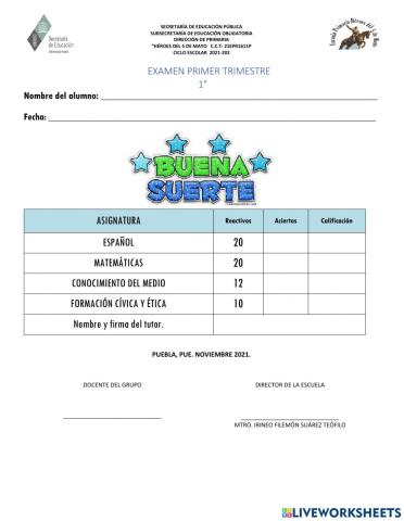 1°-Examen trimestral. Lengua Materna. Español.