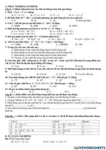 Trắc nghiệm giữa HK1 Toán 8