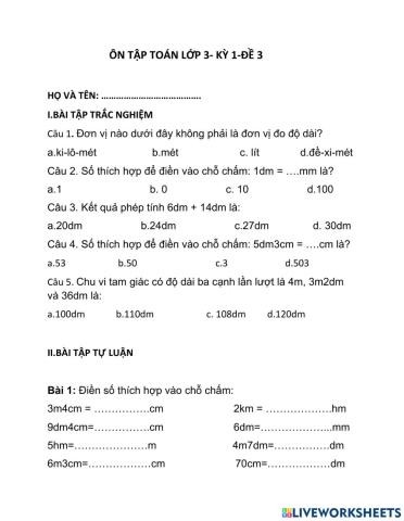 Ôn tập toán lớp 3- kỳ 1