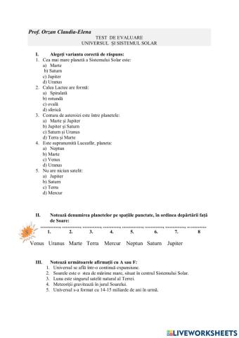 TEST-UNIVERSUL ȘI SISTEMUL SOLAR