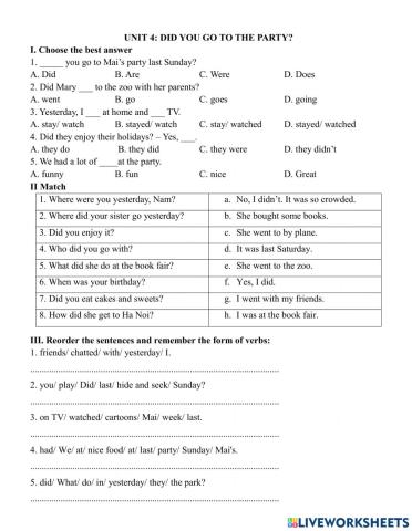 English 5. unit 4. did you go to the party?