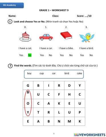 IIG-Grade 1-Worksheet 9