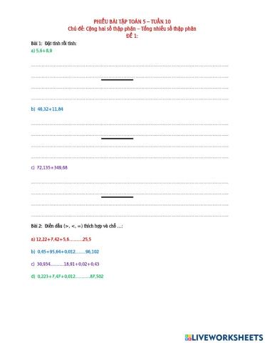 Bài tập Toán - Tuần 10 - Lớp 5