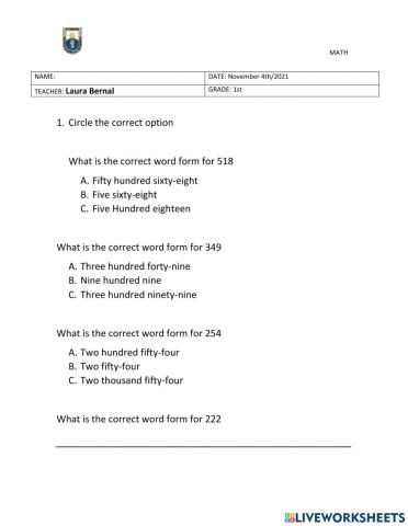Number words from 100 to 500.