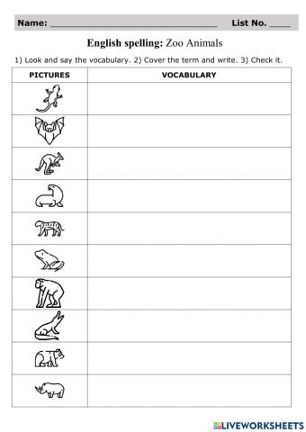 Spelling Test: Zoo Animals