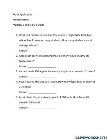 Multiplying 2 digits by 3 digits - Application