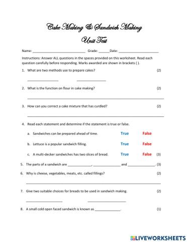 Cake & Sandwich Making Unit Test