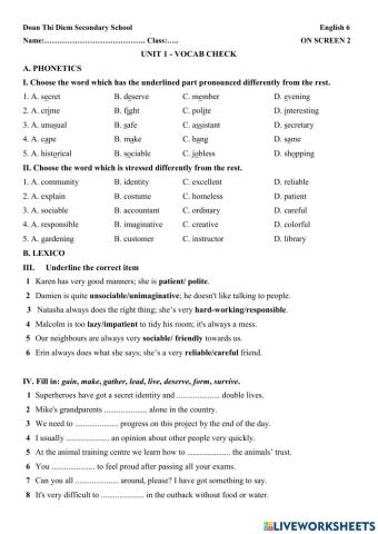 On screen 2 unit 1 vocab check