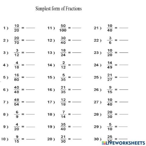 Simplest form of fractions