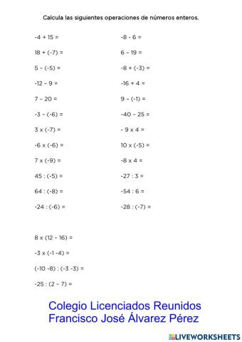 Operaciones con números enteros
