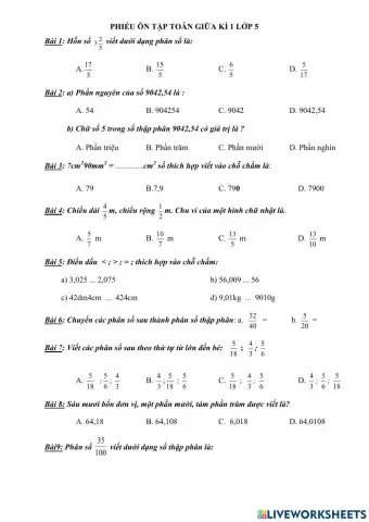 Phiếu ôn tập giữa kì 1 môn Toán