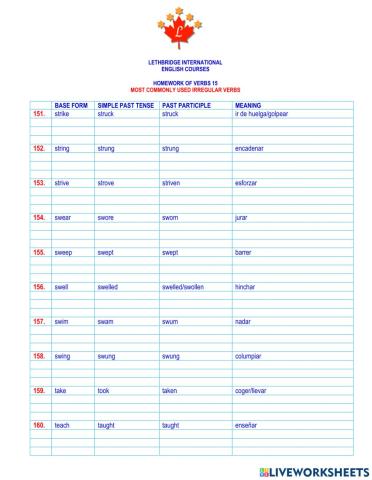 Homework of verbs 15