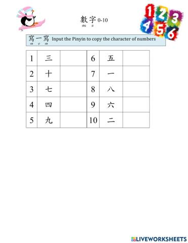 Numbers 0-10 character copying
