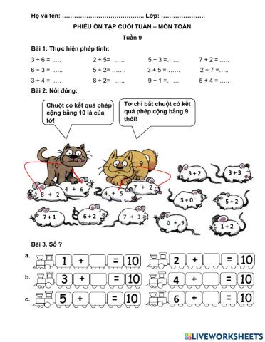 Ôn tập các phép cộng trong phạm vi 10