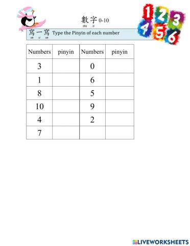 Numbers 0-10-type pinyin-Random