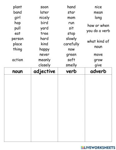 Match Nouns, Verbs, Adverbs, and Adjectives