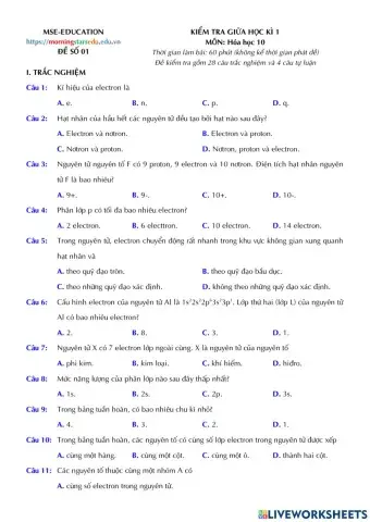 Hóa 10 - Kiểm tra Giữa kì 1 - Đề số 01