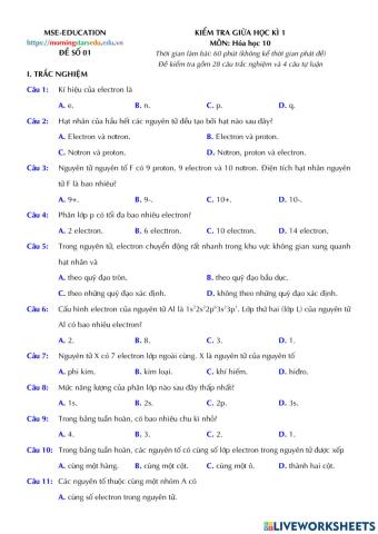 Hóa 10 - Kiểm tra Giữa kì 1 - Đề số 01