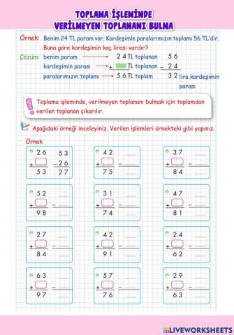 Toplama İşleminde Verilmeyen Toplananı Bulma