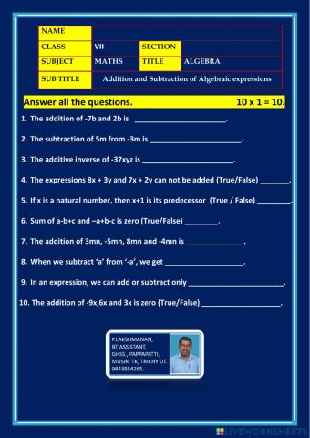 Std-7 - maths - em - algebra - add and subtract - tamilnadu