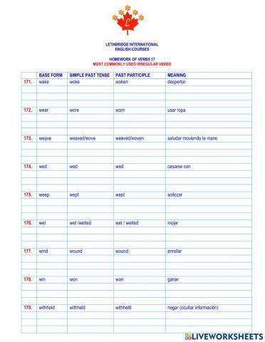 Homework of verbs 17