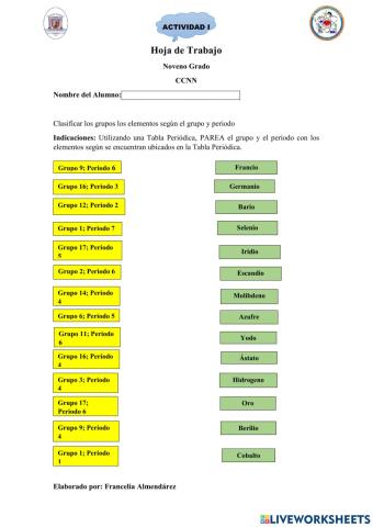 Hoja de Trabajo La Organizacion de los Elementos