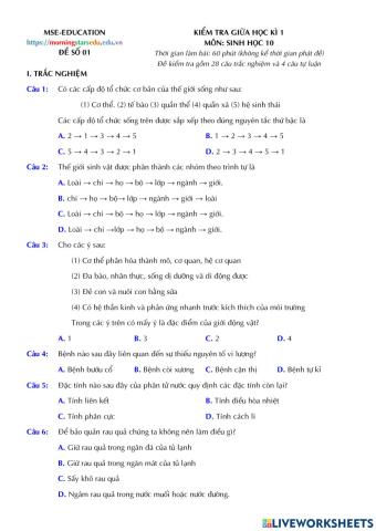 Sinh học 10 - Kiểm tra Giữa kì 1 - Đề số 01