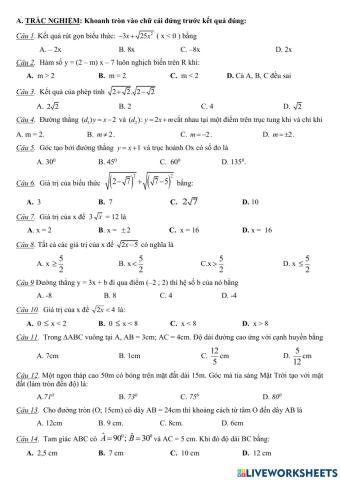 Trắc nghiệm giữa HK1 Toán 9