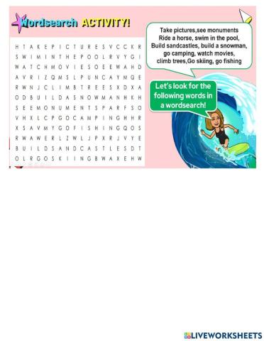 Wordsearch free time activities