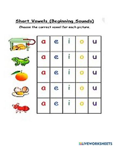 Identify  the correct vowel for each picture