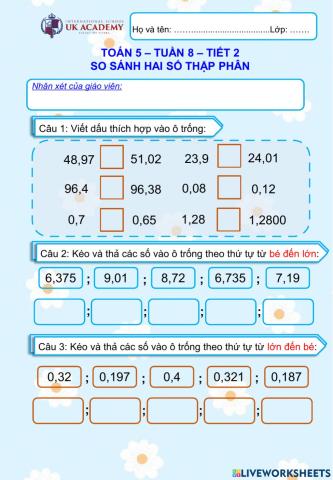 Toán 5 - So sánh hai số thập phân