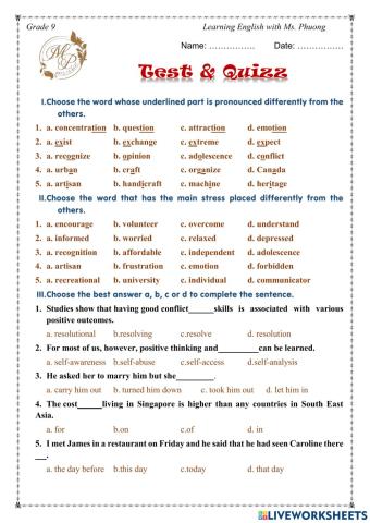 English 9 - Mid - Term Test I