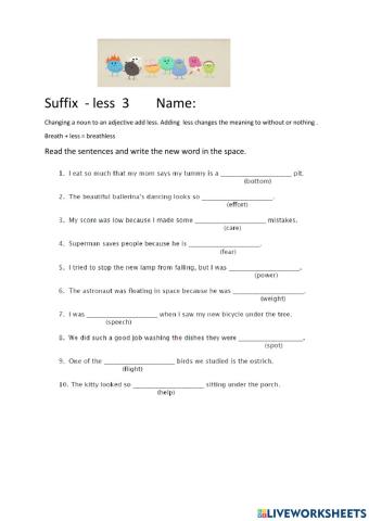 Suffix- less worksheet 3