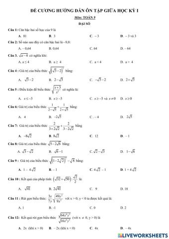 Trắc nghiệm giữa HK1 Toán 9 đề2