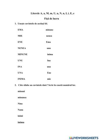 Literele A,a, M, m, U, u, N, n, I,i, E, e