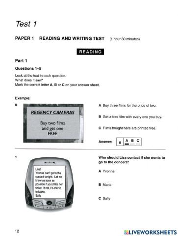 PET 6 Sample Test 1 - Reading & Use of English