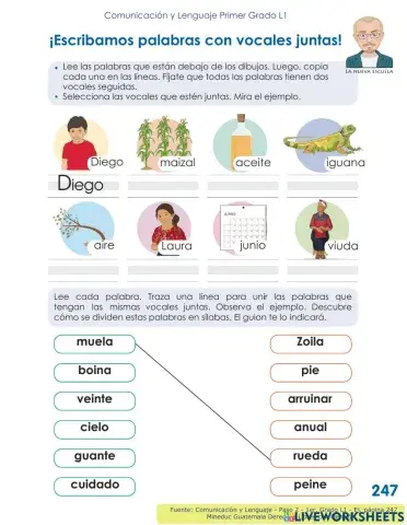 Comunicación y Lenguaje 1 L1 - Paso 2, p 247 - Escribamos palabras con vocales juntas