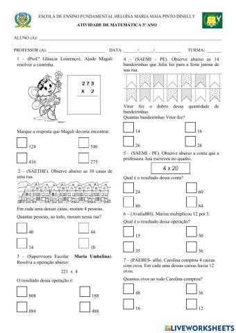 Atividade 3° ano sobre multiplicação
