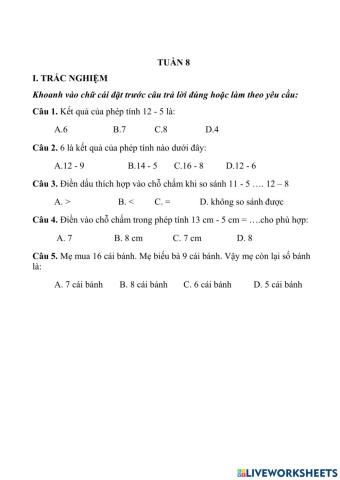 Bài tập ôn toán cuối tuần 8 - lớp 2