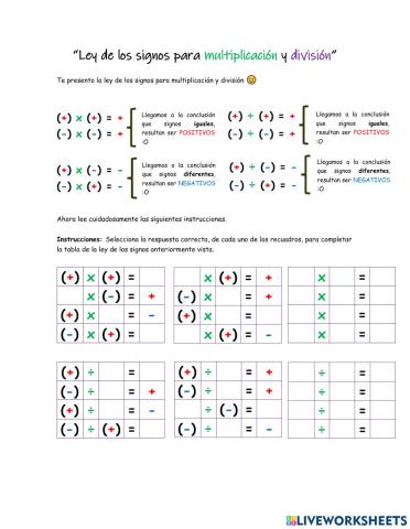 Ejercicios de multiplicación y división números enteros