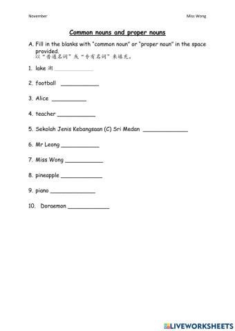 Common and proper nouns exercises