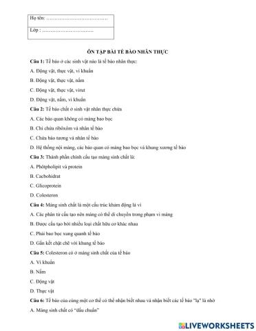 Ôn tâp bài tế bào nhân thực