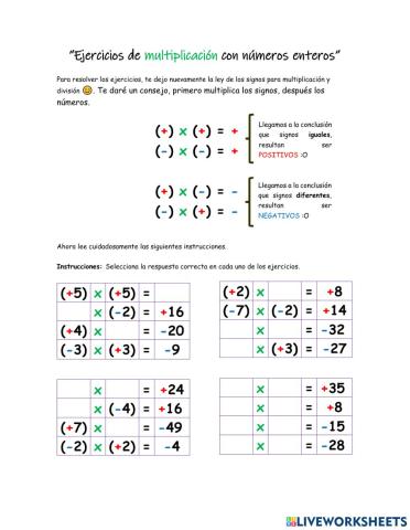 Multiplicaciones de números enteros positivos y negativos