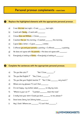 Personal pronoun complements - exercises