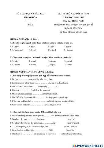 Đề thi Tiếng Anh vào 10 (Thanh Hóa) 2016-2017