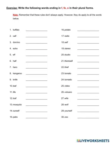 Plural Nouns Ending in: f, fe, o