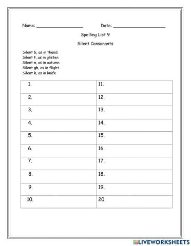 Spelling Lesson 9 Test Words with silent Consonants
