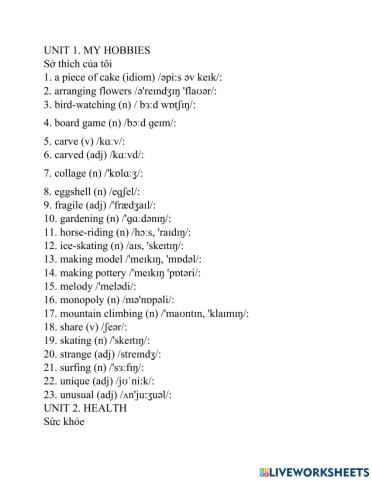 Grade 7 vocabulary unit 1+2+3